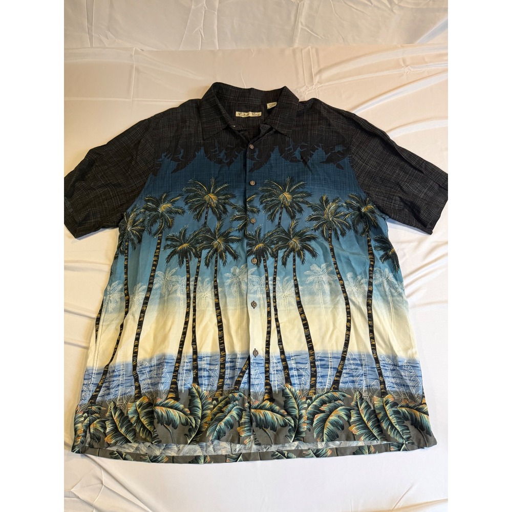 Batik Bay Mens XL Tropical Palm Tree Rayon Button Down Shirt Blue Black Scenic